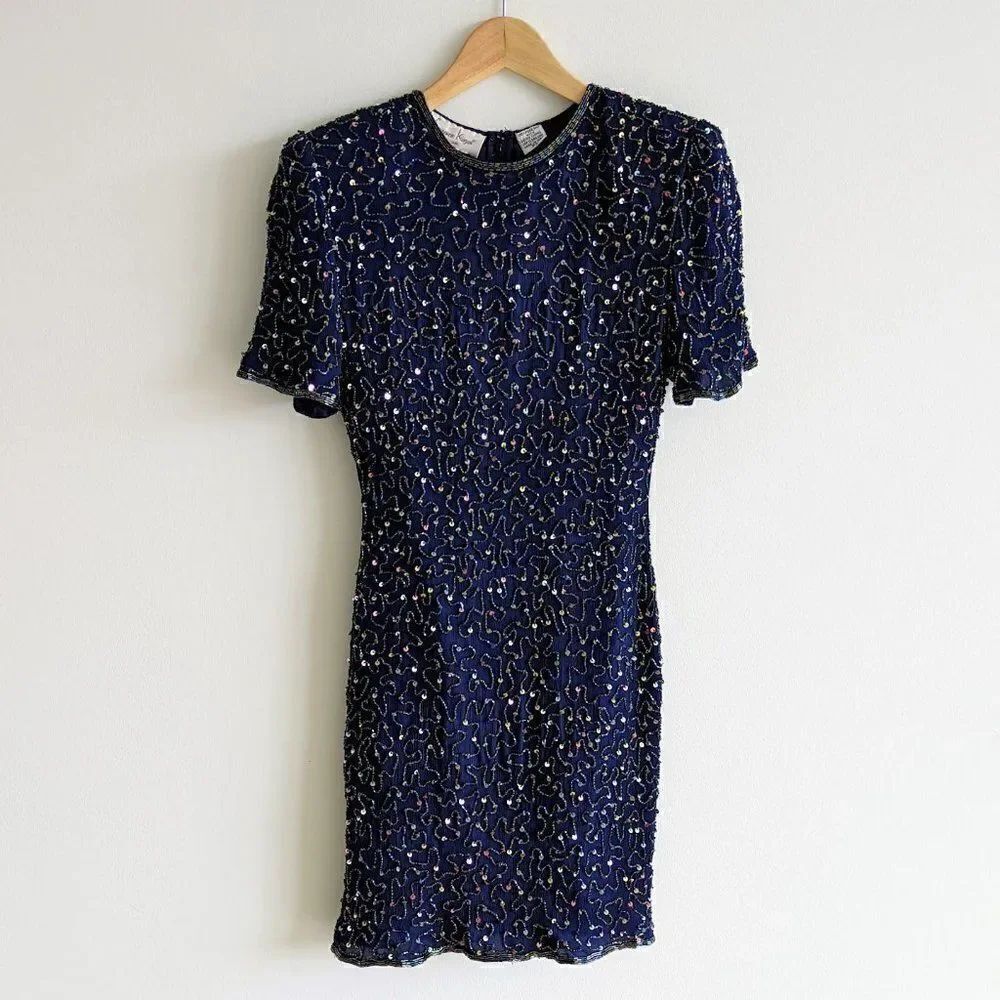 Laurence Kazar Silk Sequin Beaded Women's Mini Dress Vintage 1980s PS Pure Silk
